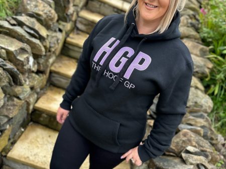 Adults Black Hoodie with Lilac Emblem (with pockets) on Sale